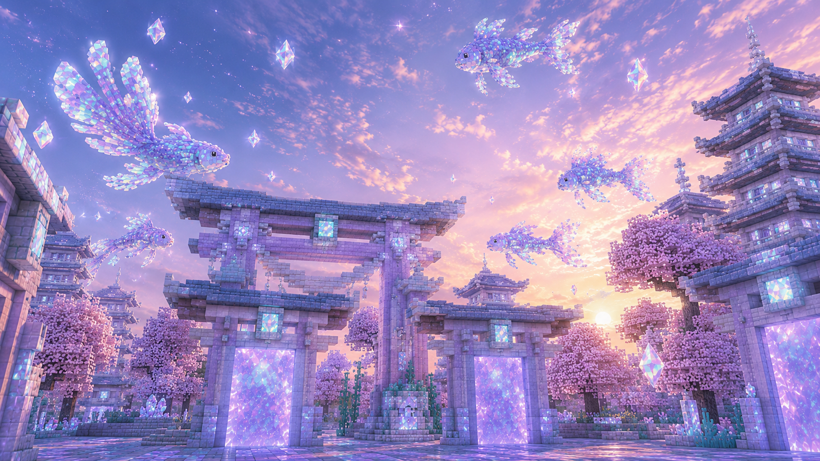 PlatCraft SMP spawn — an opal torii gate under a lavender sky with glasstone koi